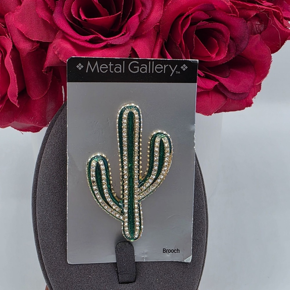 New Metal Gallery Cactus Brooch Rhinestone Enamel Green Gold‎ Tone Statement Y2K
